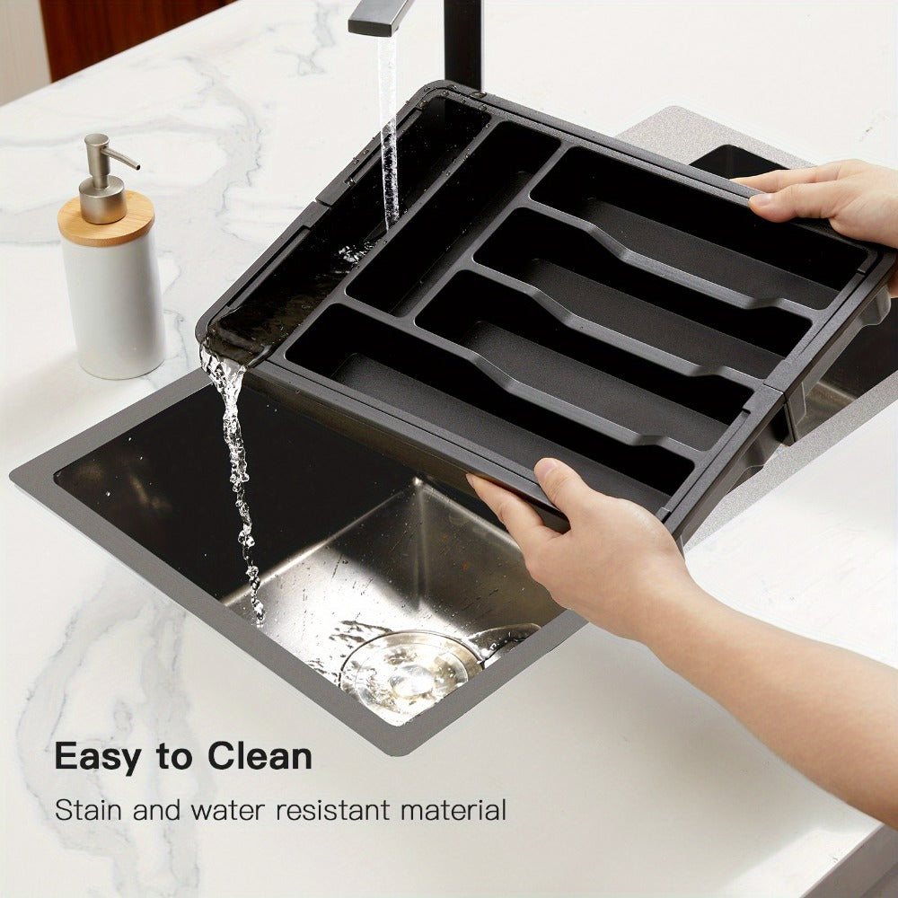 Expandable Cutlery Tray Drawer Organizer Adjustable Silverware Holder with Labels | Kitchen Drawer Organizer for Knives Forks Spoons Utensils | Bamboo & Black Drawer Divider for Kitchen Bedroom Office