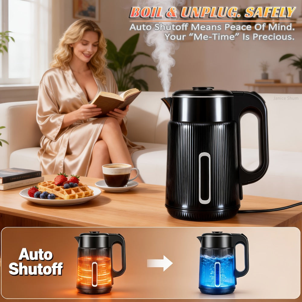 Electric Kettle 1000W Double Wall Stainless Steel ¨C 57.48oz 304 SS Hot Water Kettle with 360¡ã Rotary Base, LED Light, Auto Shut-Off & Boil-Dry Protection, Instant Water Warmer for Coffee & Tea ¨C Black