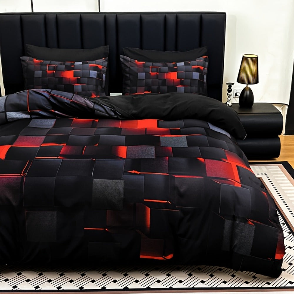 Duvet Cover Set 3 Piece Plaid Digital Print Polyester Bedding All Season Twin Full Queen King Size with Pillowcases Purple Blue Red