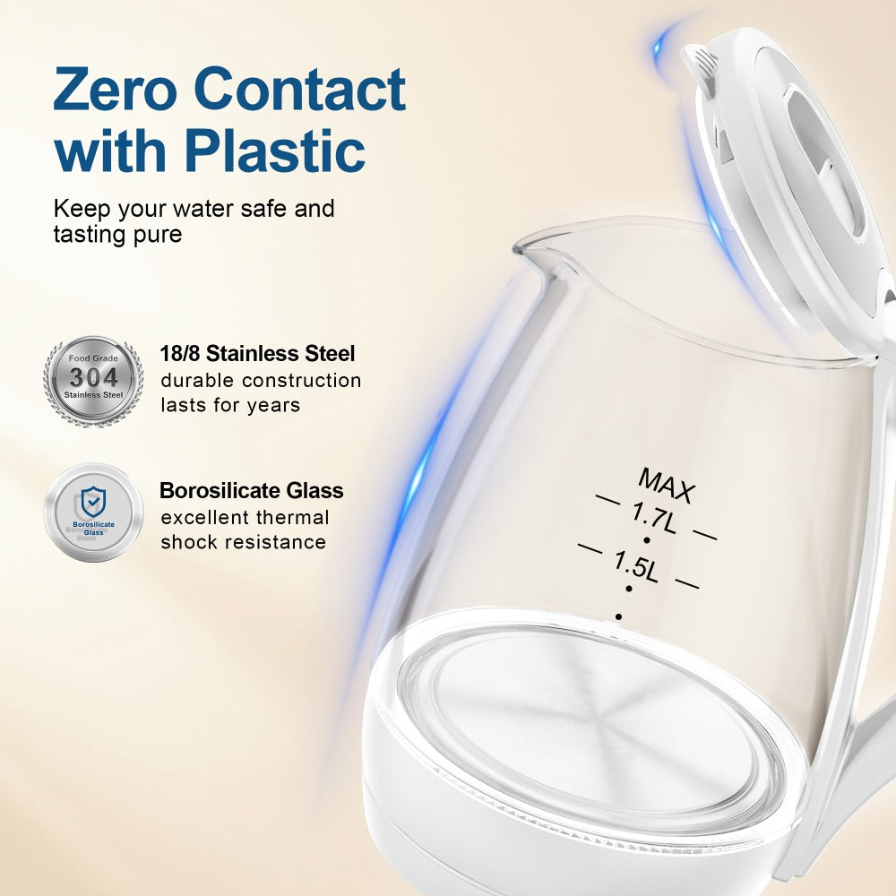 Glass Electric Kettle 1200W Fast Boiling ¨C 57.48oz Tea Kettle with LED Indicator, Auto Shut-Off & Boil-Dry Protection, Elegant Transparent Design for Kitchen, Office & Camping