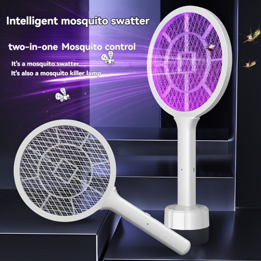 Electric Mosquito Swatter Racket Bug Zapper with LED Night Light & USB Charging, Handheld Insect Killer with Base Stand, Dual Mode Mosquito Lure Lamp for Home, Office & Outdoor Use