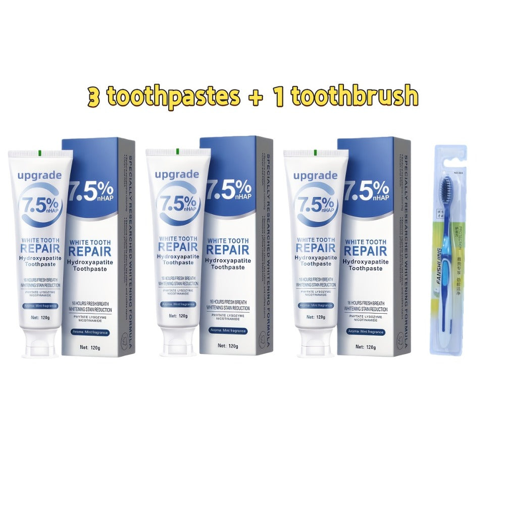 Hydroxyapatite Toothpaste 3-Pack 7.5% Nano Formula Whitening Toothpaste with Toothbrush Teeth Whitening Fresh Breath Enamel Repair Oral Care Set for Home and Travel Gift for Women Men