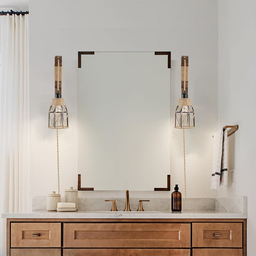 Plug In Wall Sconces Set of 2 or 1 ¨C Rustic Farmhouse Wall Lamp with Metal Cage & Wooden Bracket, Plug-Into-Outlet Hanging Light for Bedroom, Living Room & Headboard