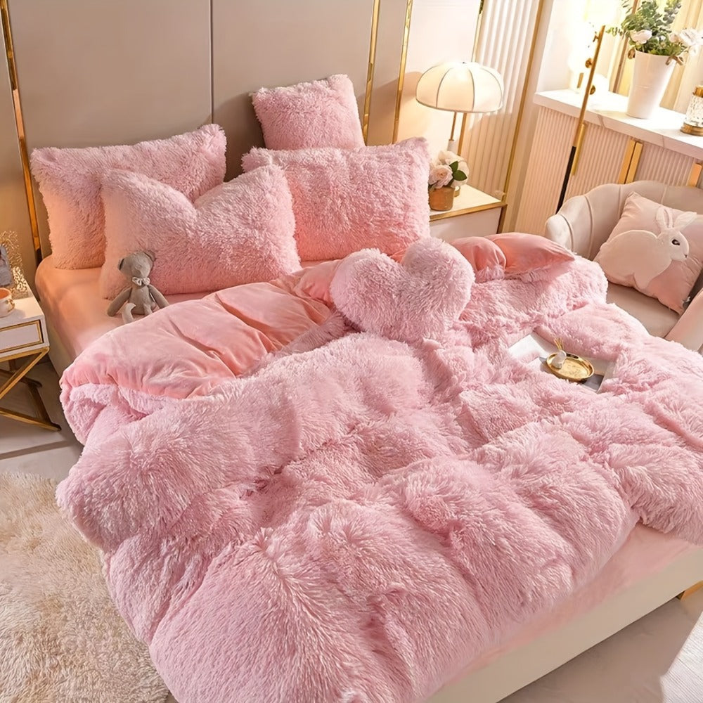 Fluffy Bedding Set 4pcs Soft Warm Plush Duvet Cover with Pillowcases Queen King - Cozy Autumn Winter Comforter Set 8 Colors