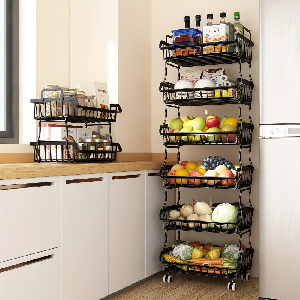 6-Tier Stackable Metal Wire Storage Basket Organizer with Wheels - Rolling Kitchen Pantry Rack for Fruits Vegetables Utensils, Space-Saving Open Shelf