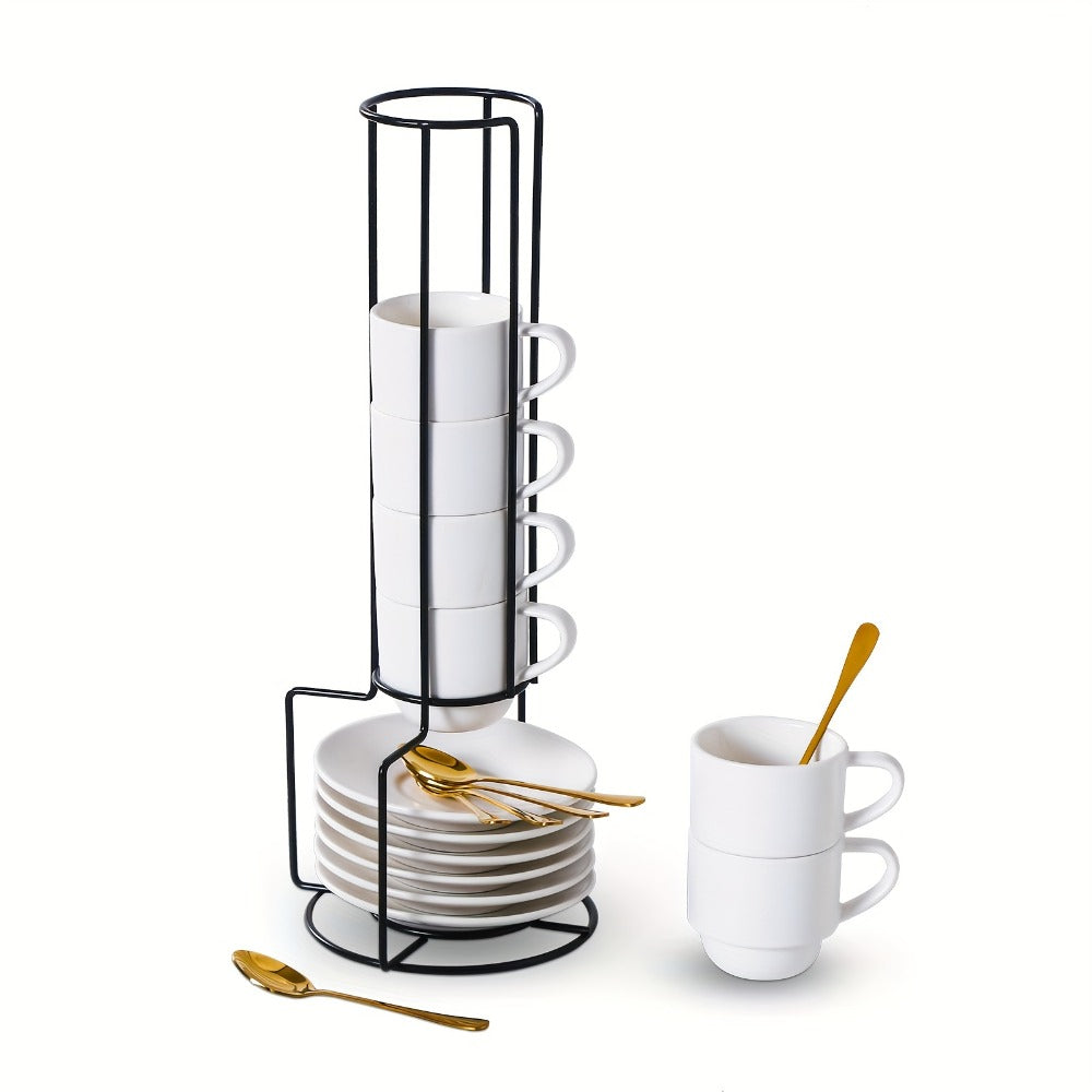 Espresso Cups Set of 6 with Saucers, Spoons & Metal Stand, 4oz Stackable Ceramic Cappuccino Mugs for Double Espresso, Lungo & Afternoon Tea ¨C Matte Black & Matte White
