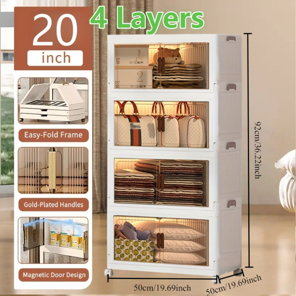Folding Storage Cabinet 1-6 Tier Collapsible Stackable Organizer with Wheels and Lids - Extra Large Foldable Storage Locker for Closet Bedroom Office Kitchen 50CM Wide