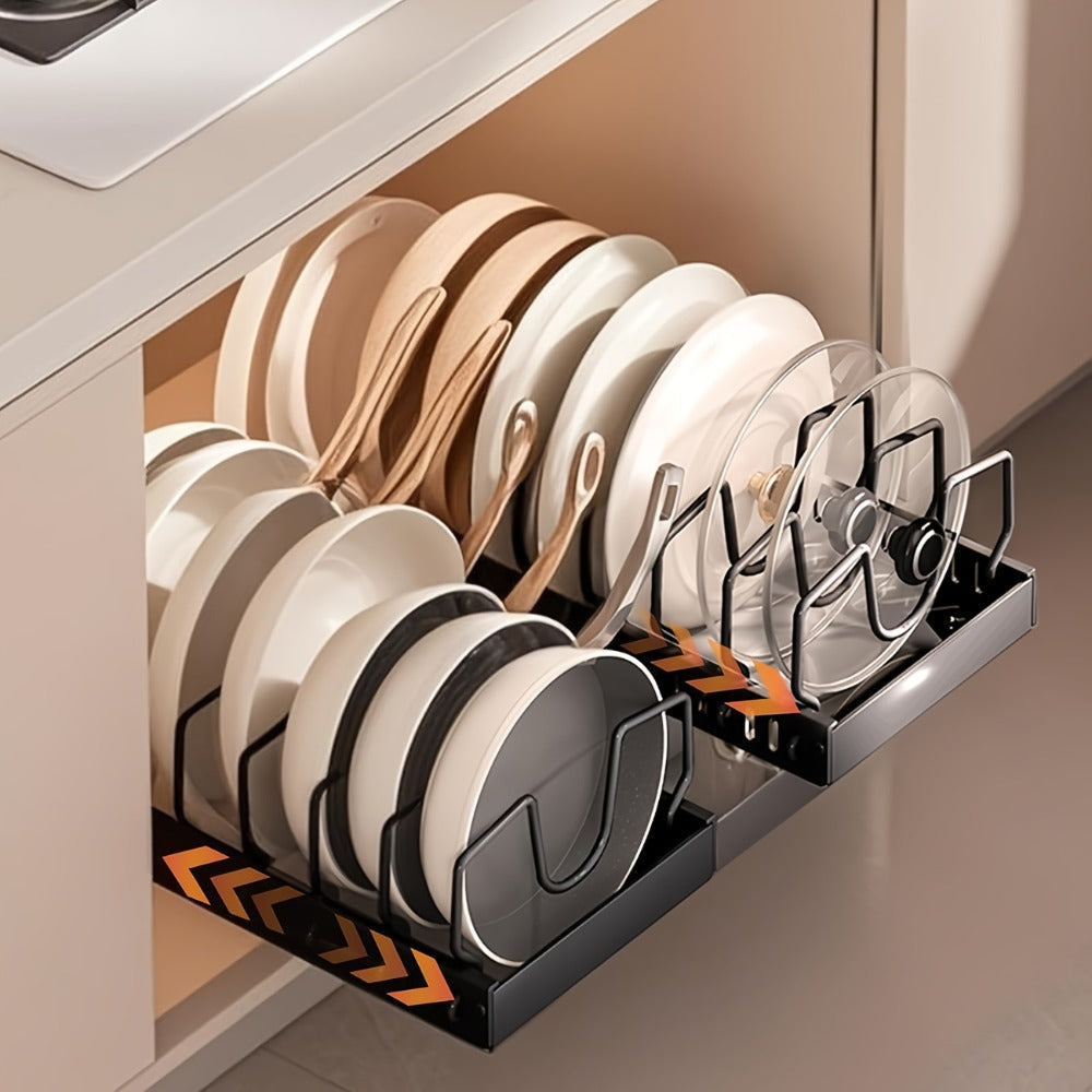 Pull-Out Pot and Pan Lid Rack Cabinet Sliding Storage Organizer - Kitchen Cabinet Slide-Out Box with 8/16 Adjustable Dividers for Lids, Baking Tools & Plates, Black or White, 1 or 2 Pack