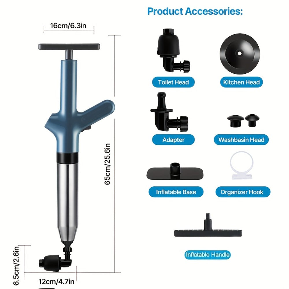 Toilet Plunger Set High Pressure Air Drain Unclogger - Stainless Steel Toilet Snake & Air Discharge Impactor for Clogged Toilet, Kitchen Sink, Bathroom Drain & Pipe Blockage Removal