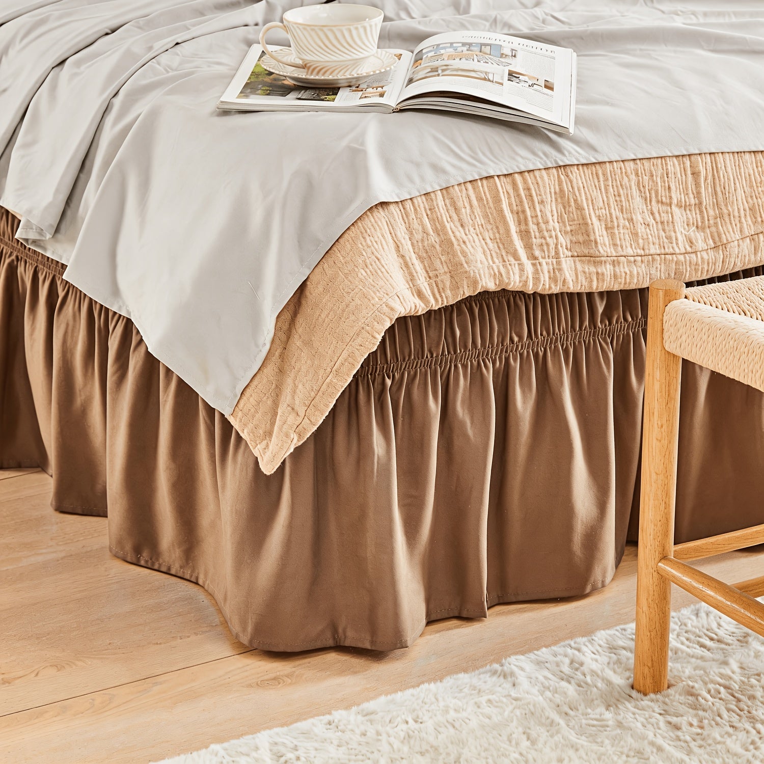 Bed Skirt Elastic Wrap Around Ruffle - 15 Inch Drop Microfiber Dust Ruffle, Adjustable No-Lift Fit, Fade Resistant Machine Washable, Hotel Quality Bedskirt for Twin Full Queen King, 30 Colors