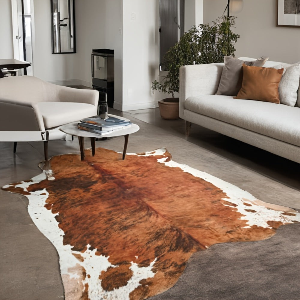 Faux Cowhide Rug Brown Western Style Area Carpet | Non-Slip Suede Backing | 5.2¡Á4.6 & 6.2¡Á5.2 Ft | Living Room Bedroom Office