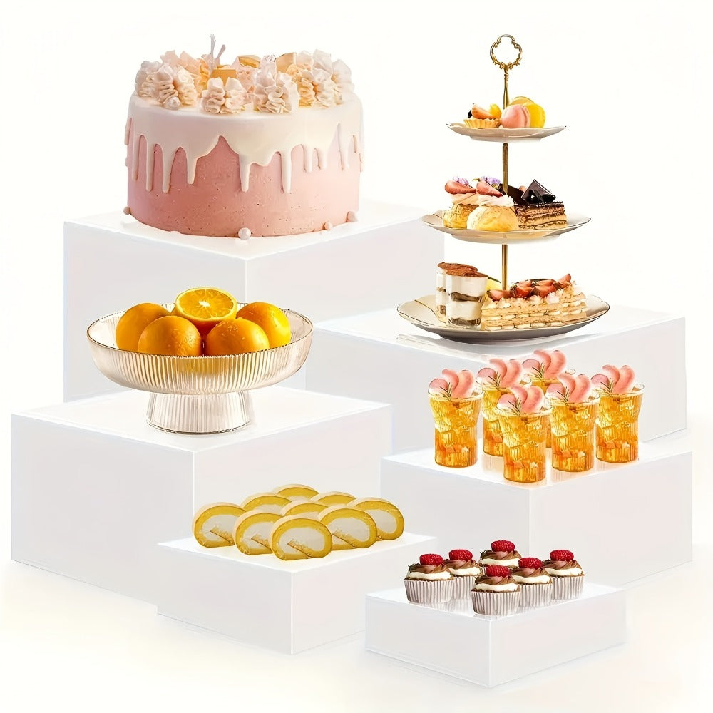 Display Stands 6pcs Five-Sided Square Buffet Risers - White Transparent Dessert Cake Display Storage Rack for Party Wedding Catering Retail Boutique Gallery Home Decor