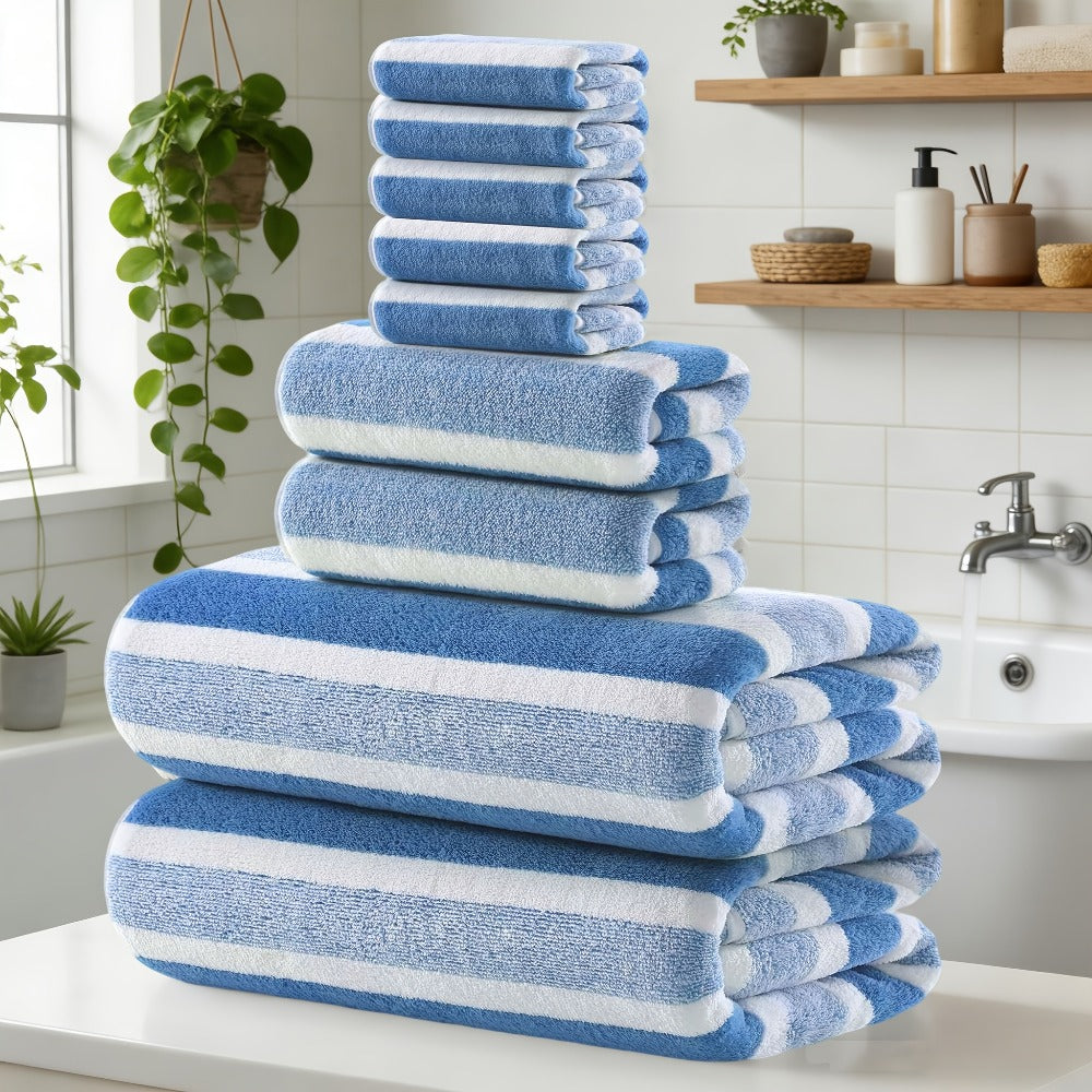 Coral Fleece Towel Set 9 or 15 Piece No Hair Loss 320GSM - Super Soft Absorbent Two-Color Striped | 2 Bath 2 Face 5 Hand Towels | Gray Brown Red Green Blue Mixed | Bathroom Beach Essentials