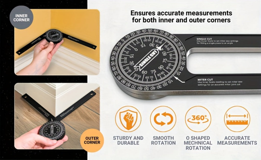 Miter Saw Protractor 7 Inch Aluminum 2-in-1 Professional Angle Finder CNC Machined Precision Laser Engraved Inside Outside Miter Angle for Carpenter Plumber Building Trades Woodworking Black