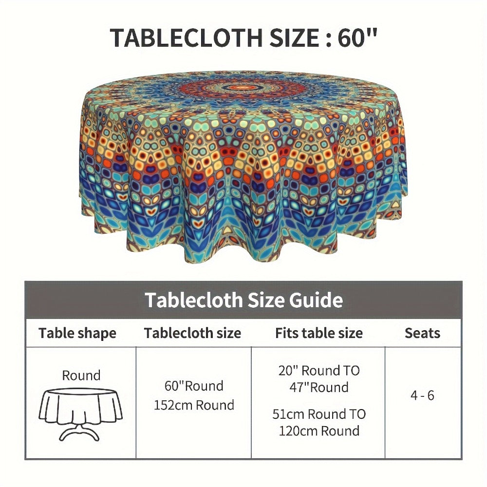 Mandala Round Table Cover 60 Inch - Colorful Boho Tablecloth for Patio, Backyard BBQ, Picnic & Kitchen Decor