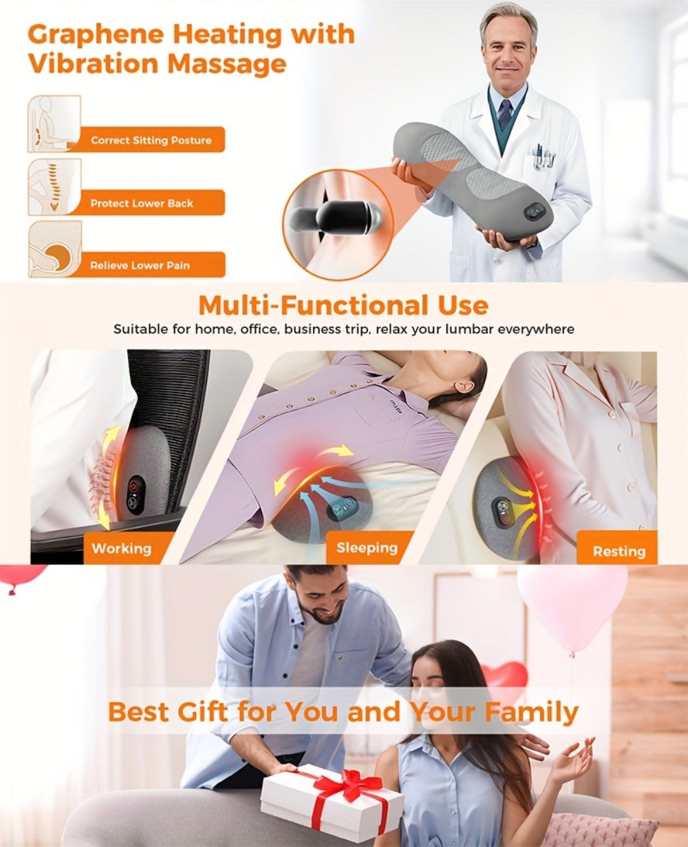 Lower Back Massager with Heat ¨C 3-in-1 Lumbar Support Pillow with Vibration & Traction for Back Pain Relief | USB Powered, Ideal for Car, Office Chair, Bed & Home Use