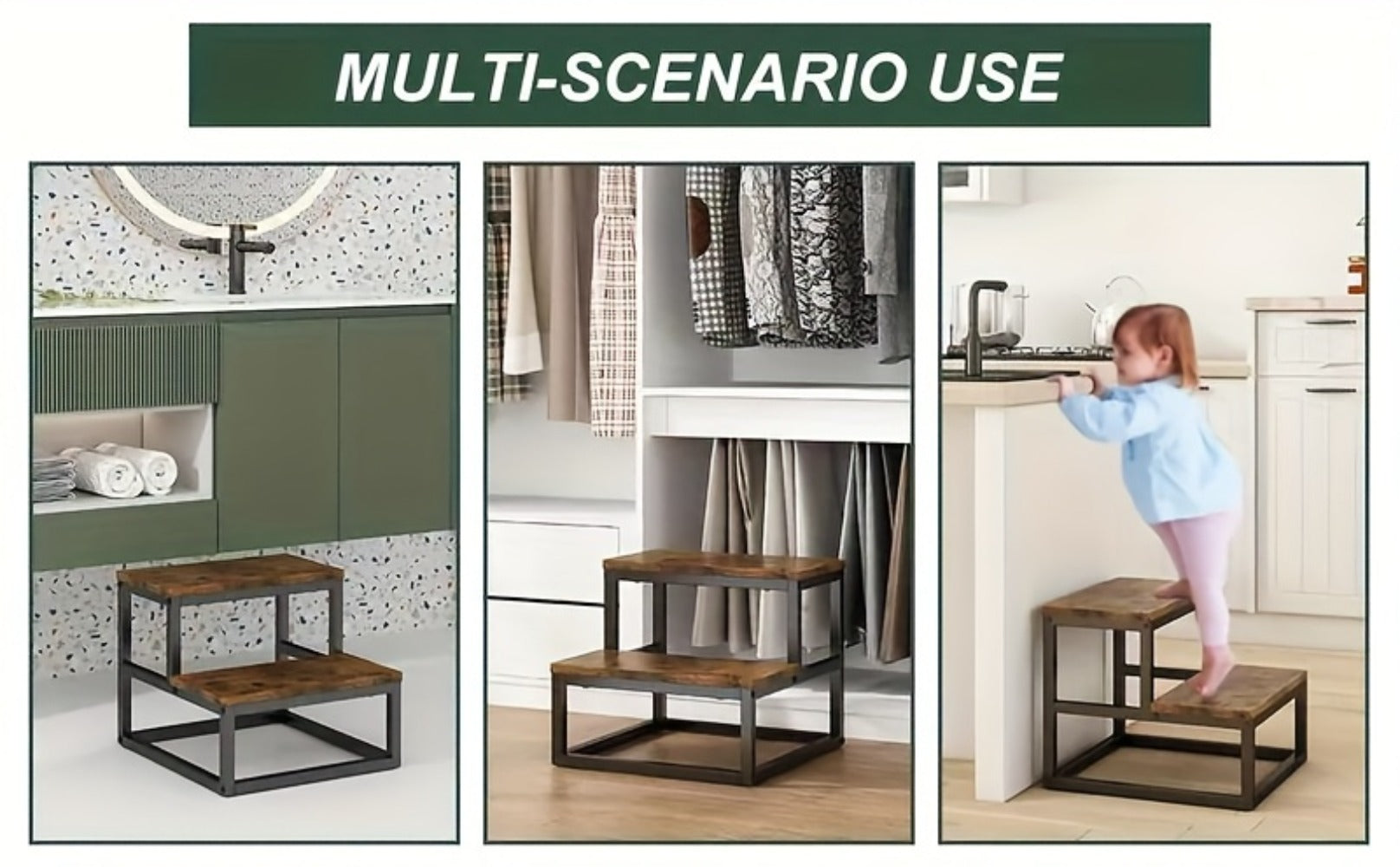 2-Step Wooden Step Stool Heavy Duty for Adults ¨C Solid Wood Two Tier Stepping Stool, Multifunctional Bedside Step Ladder, Portable Non-Slip Foot Stool for Bathroom, Bedroom, Kitchen, Office ¨C Easy to Carry, Durable Build