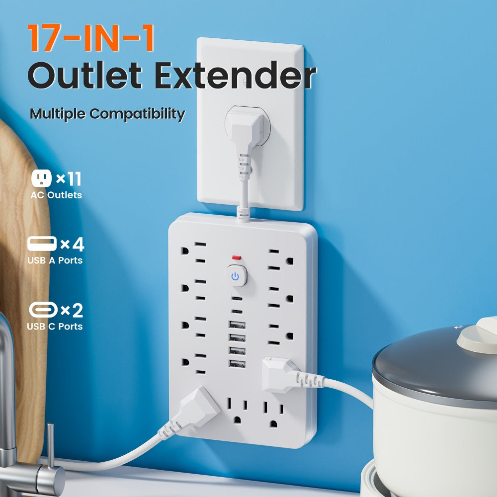 Extension Cord Power Strip with USB Ports 11 AC Outlets 4 USB-A 2 USB-C Surge Protector Overload Protection Short Cord 5FT 10FT for Home Office Study School Desk Charging Station White Black
