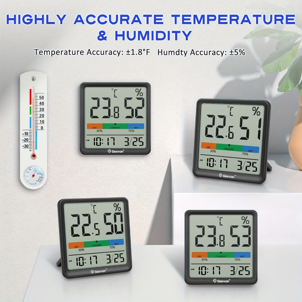 Indoor Thermometer Hygrometer Digital | Accurate Temperature Humidity Monitor with Clock & Calendar | Desktop Room Humidity Gauge for Home Office Bedroom Baby Room