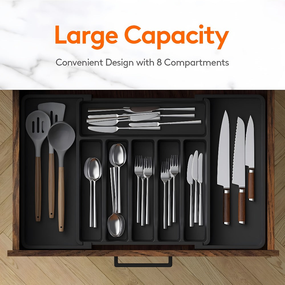 Silverware Organizer Adjustable Drawer Organizer | Utensil & Cutlery Storage Tray for Kitchen Drawer | Expandable Knife Fork Spoon Holder 22.4¡± x 15¡± x 2¡± | Kitchen Organization & Storage in Black Grey White