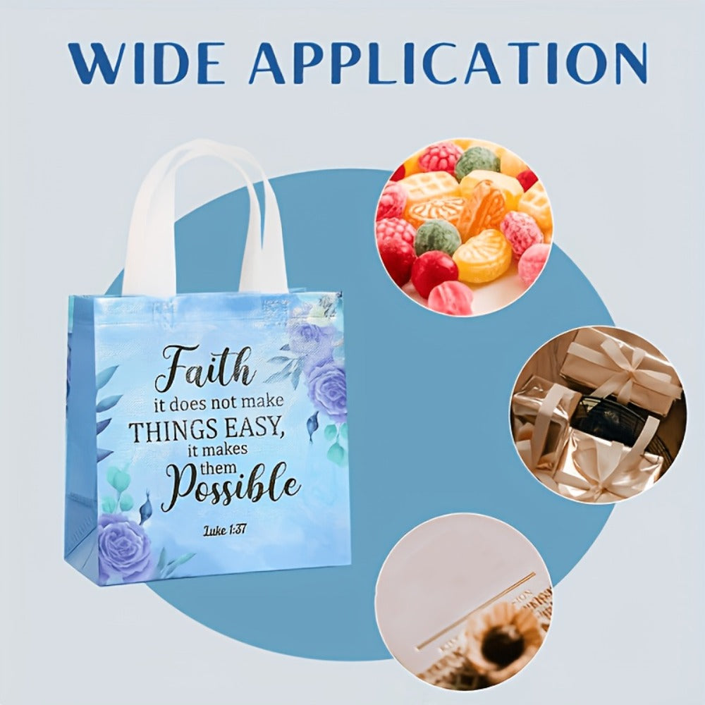 Religious Gift Bags with Handles Bulk 32 or 64 Pcs Bible Verse Flower Designs Reusable Non-Woven Tote Bags for Church Wedding Birthday Party Women Girls