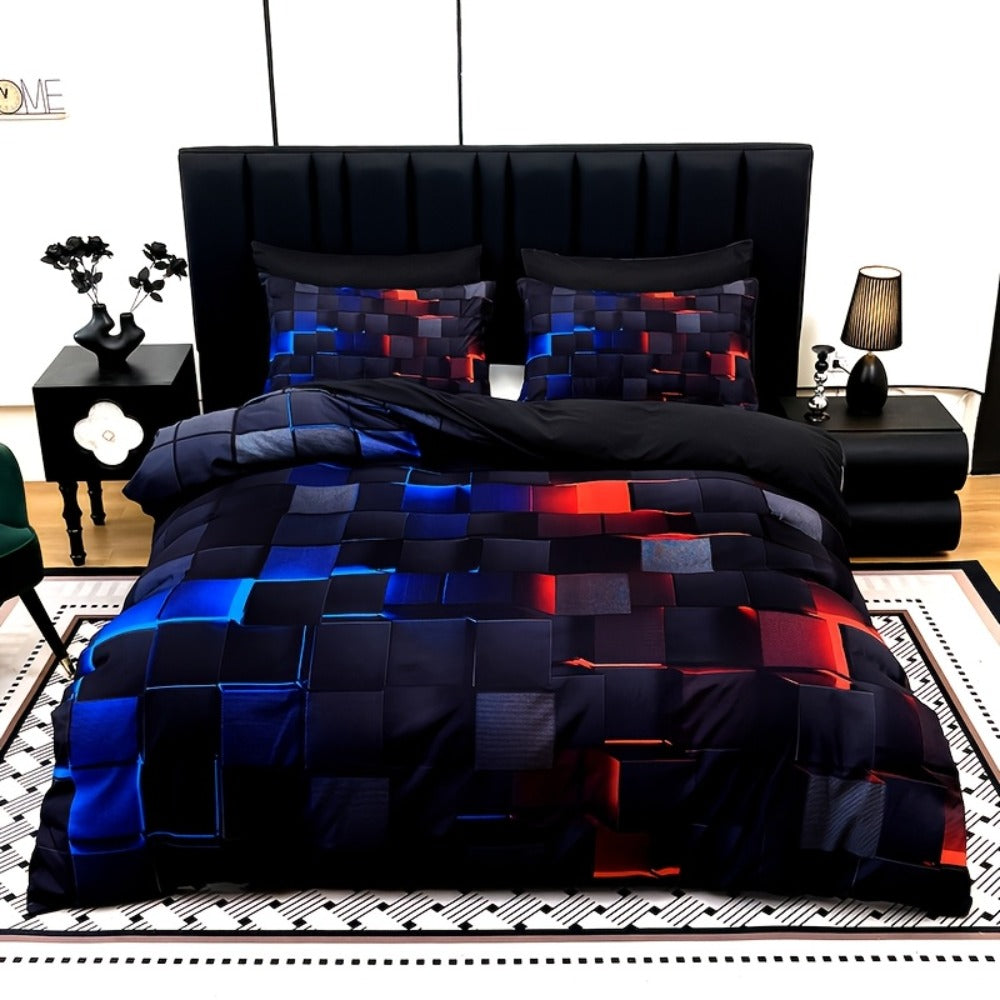 Duvet Cover Set 3 Piece Plaid Digital Print Polyester Bedding All Season Twin Full Queen King Size with Pillowcases Purple Blue Red