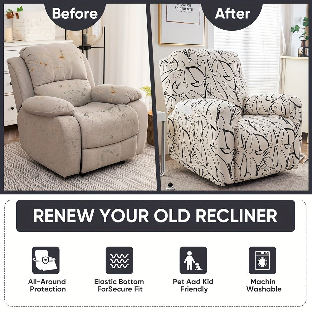 Recliner Slipcover 4pcs Extra Large with Pocket - Spandex Stretch Four Seasons Furniture Protector | Botanical Geometric Prints | Living Room Home Decor Sofa Chair Cover