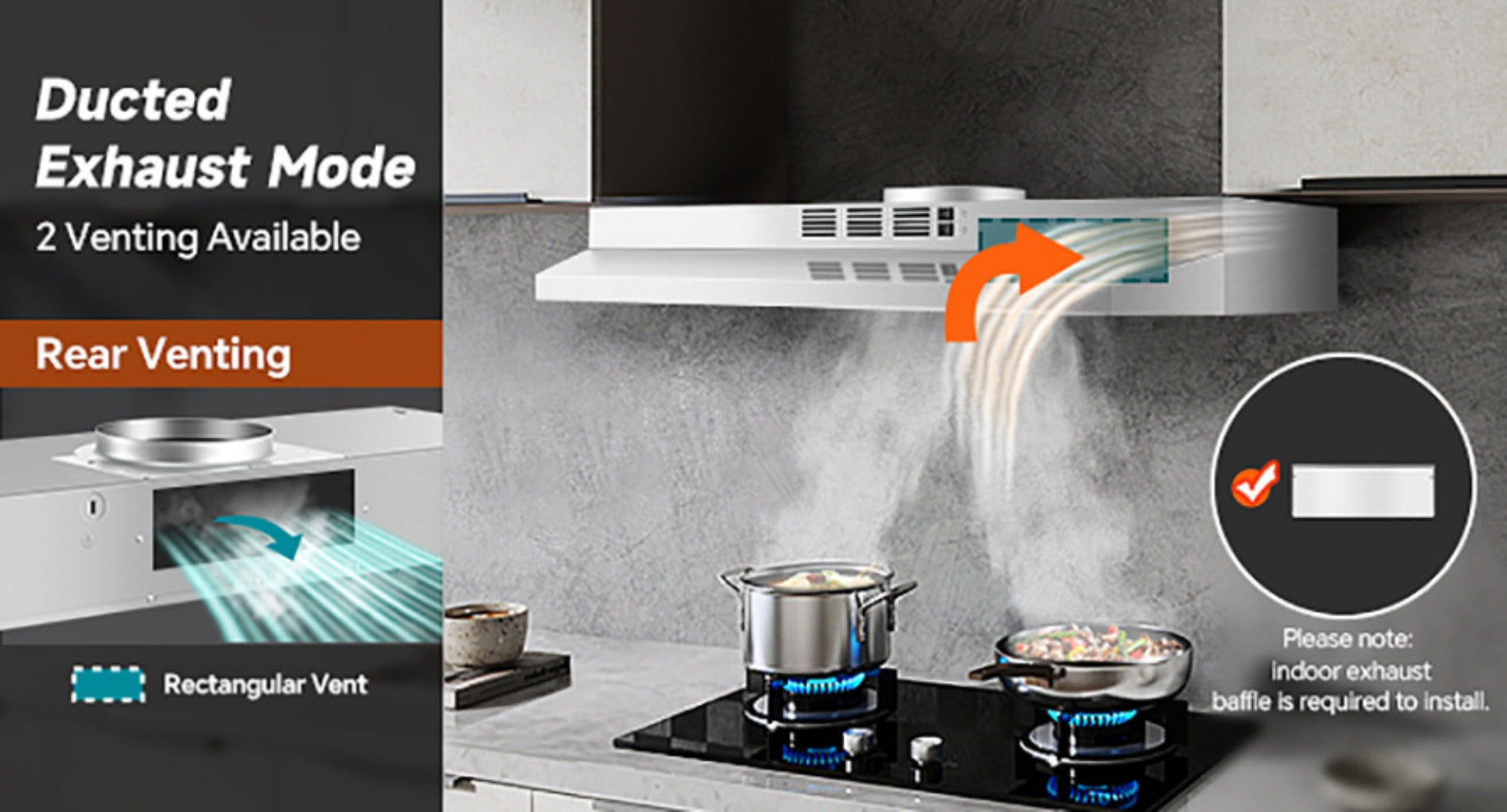 Range Hood 36 Inch Under Cabinet Ducted Ductless Convertible Stainless Steel 350CFM 2-Speed Exhaust Fan LED Light 3-Layer Aluminum Mesh Filter Top Rear Venting Kitchen Vent Hood
