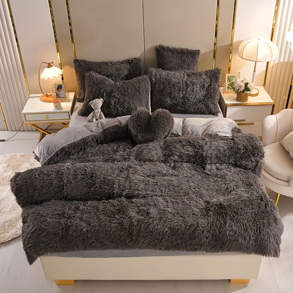 Faux Fur Duvet Cover Set Twin Queen King Super Soft Plush Comforter Cover with Pillowcases Heart Pillow for Kids Teens Machine Washable Bedroom Decor