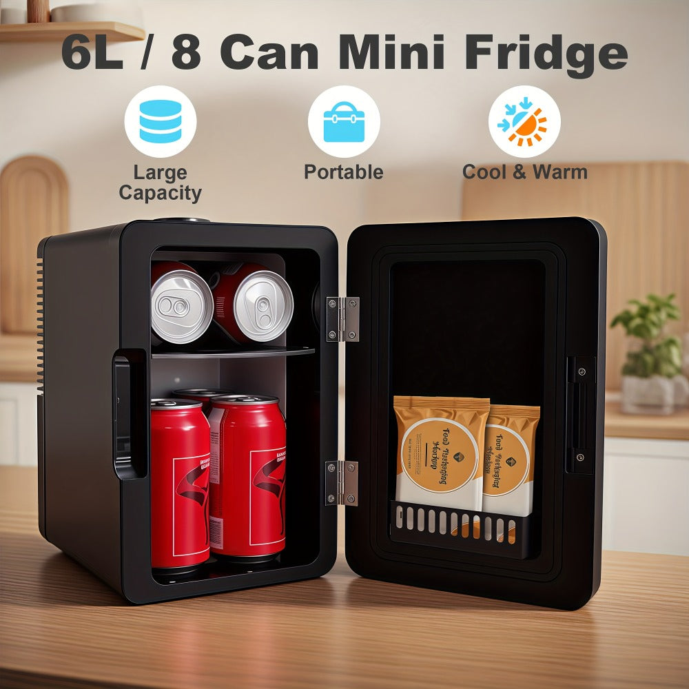 Mini Fridge 1.59 Gal 9-Can - AC/DC Portable Cooler & Heater, Silent Thermoelectric Refrigerator for Skincare, Drinks & Cosmetics, Bedroom, Office, Dorm, Desk, Car & Travel