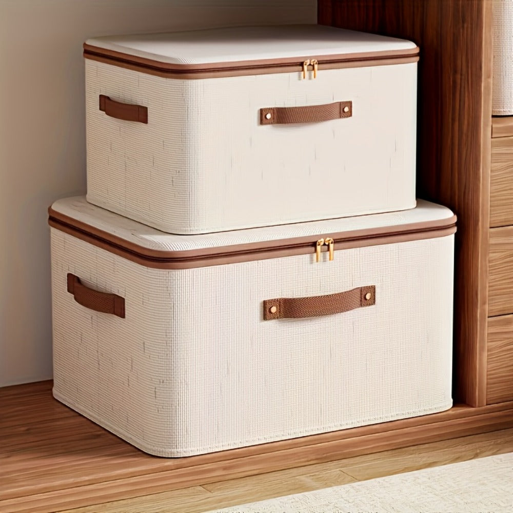 Foldable Storage Boxes with Lids 2-Pack, Large Capacity Linen Storage Baskets with Double Zippers & Leather Handles, Collapsible Fabric Organizer Bins for Bedroom, Clothing, Laundry & Moving