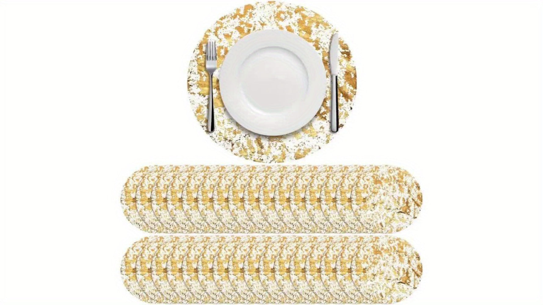 Golden Foil Round Placemats Disposable Table Doilies 50/100pcs ¨C Elegant Mesh Table Pad for Dining, Party & Home Decor