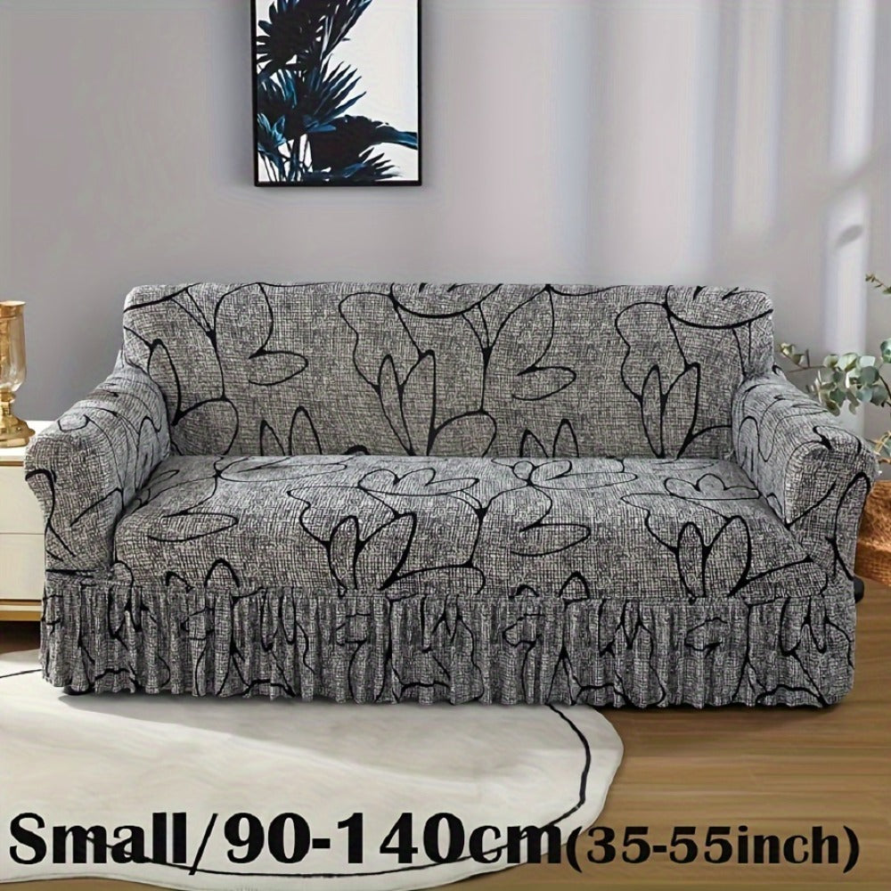 Printed Sofa Cover with Skirt Elastic Four Seasons Universal Furniture Protective Slipcover for Bedroom Office Living Room - 1 2 3 4 Seater Gray