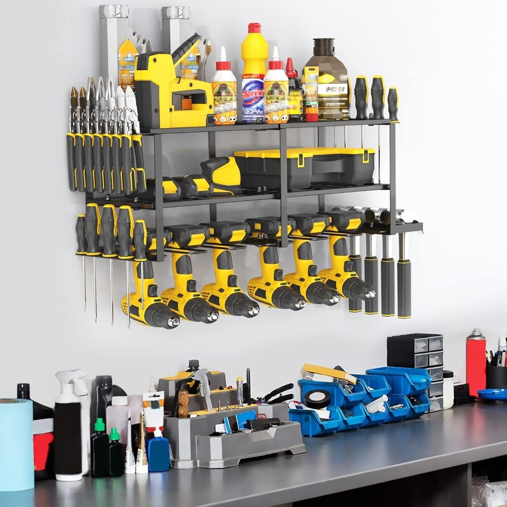 Power Drill Holder Wall Mount ¨C Heavy Duty Tool Storage Rack with 3/4 Layer Floating Shelf | Cordless Drill Organizer | 4/6/8 Drill Holders Workshop Tool Rack for Garage & Workshop Organization