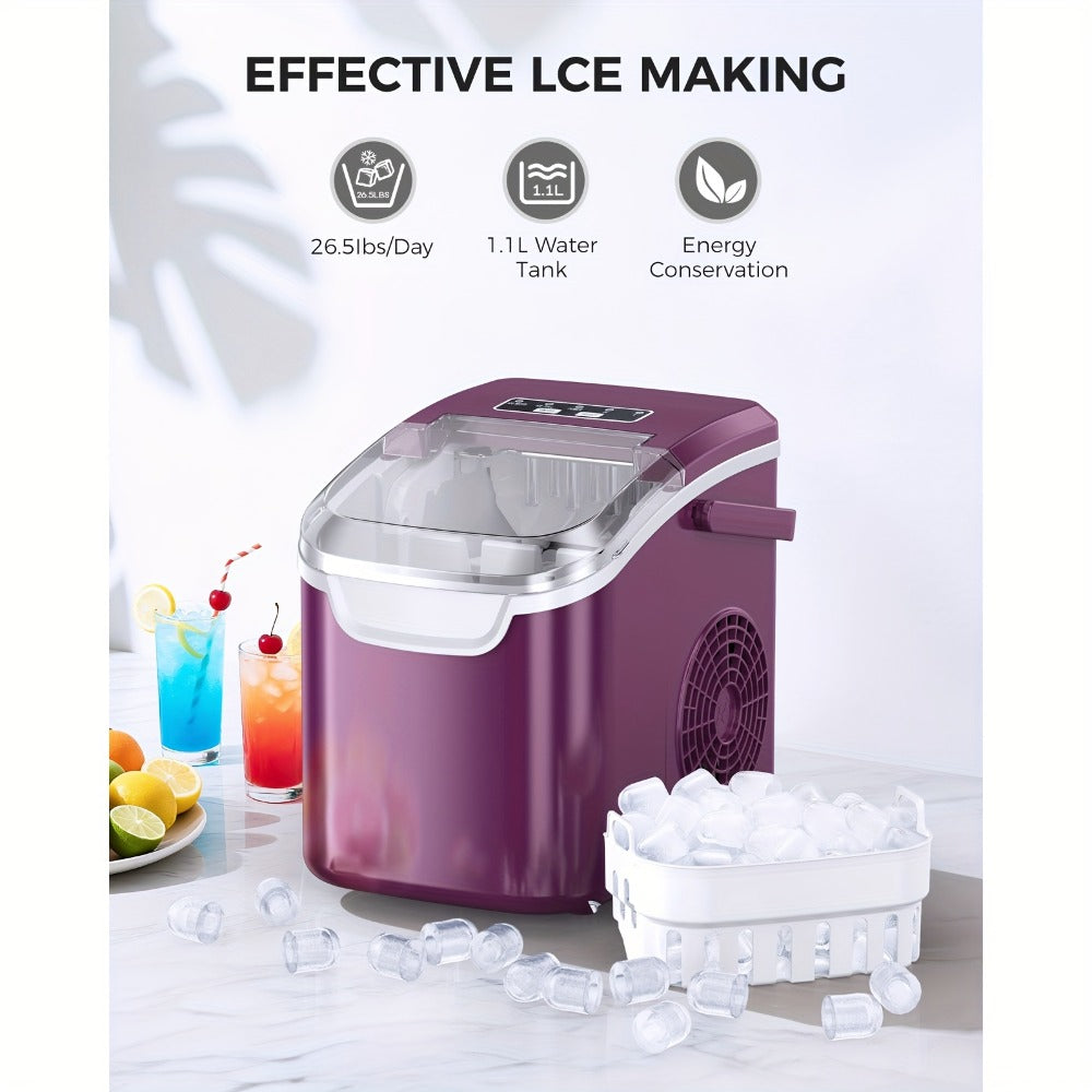 Portable Ice Maker Machine 26 Lbs/Day - Countertop Ice Maker Makes 8 Ice Cubes in 6 Minutes, 2 Ice Sizes, Self-Cleaning with Basket & Scoop for Home Kitchen Party Camping Bar RV, 4 Colors Available