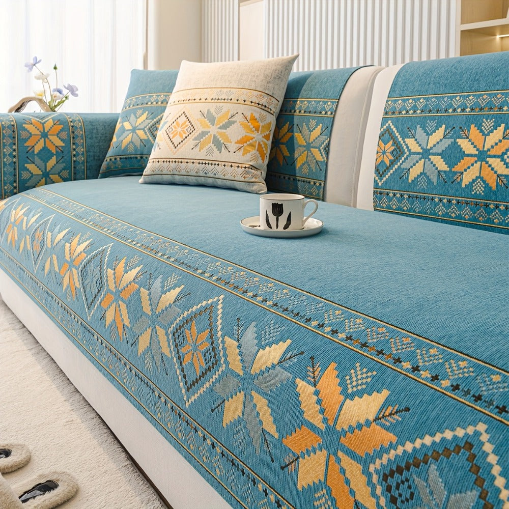 Chenille Sofa Slipcover 1pc Boho Vintage Style - Luxury Non-Slip Removable Four Seasons Universal Couch Cover | Armrest 1 2 3 4 Seater | Dark Gray Light Gray Blue | Living Room Home Decor