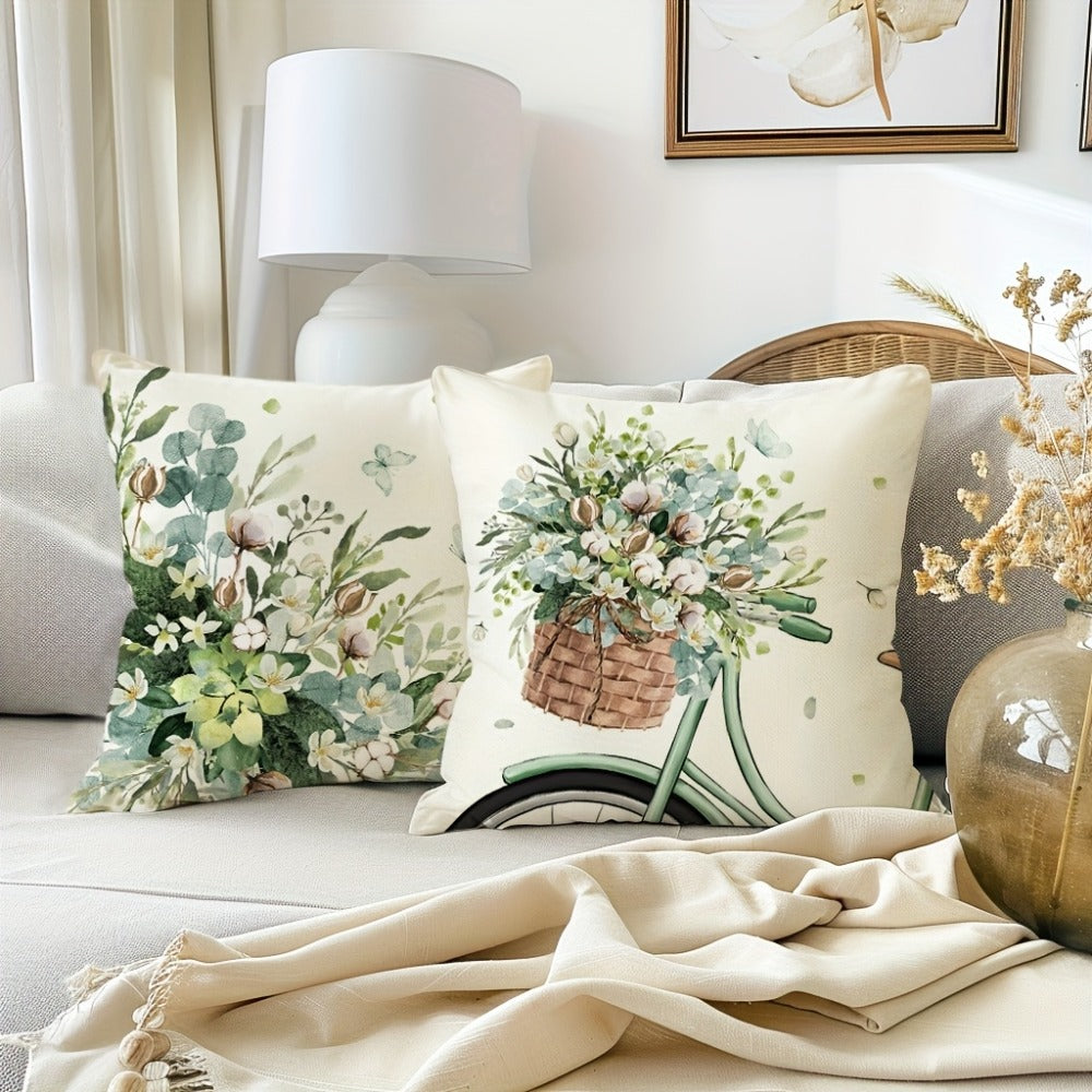 Farmhouse Eucalyptus Leaves Throw Pillow Covers 4 Pack Floral Bicycle Spring Summer Seasonal Decor Cushion Covers 18x18 Inch Rustic Holiday Pillowcases for Sofa Couch Porch Patio Living Room Outdoor