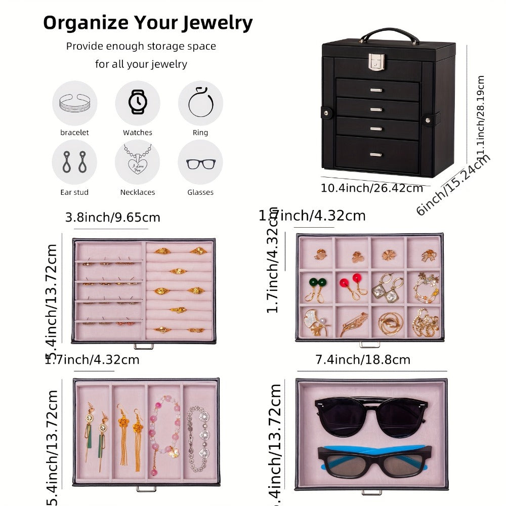 Large Jewelry Box 5-Tier PU Leather Organizer with Lock & Mirror ¨C Storage Case for Bracelets, Earrings, Rings & Necklaces