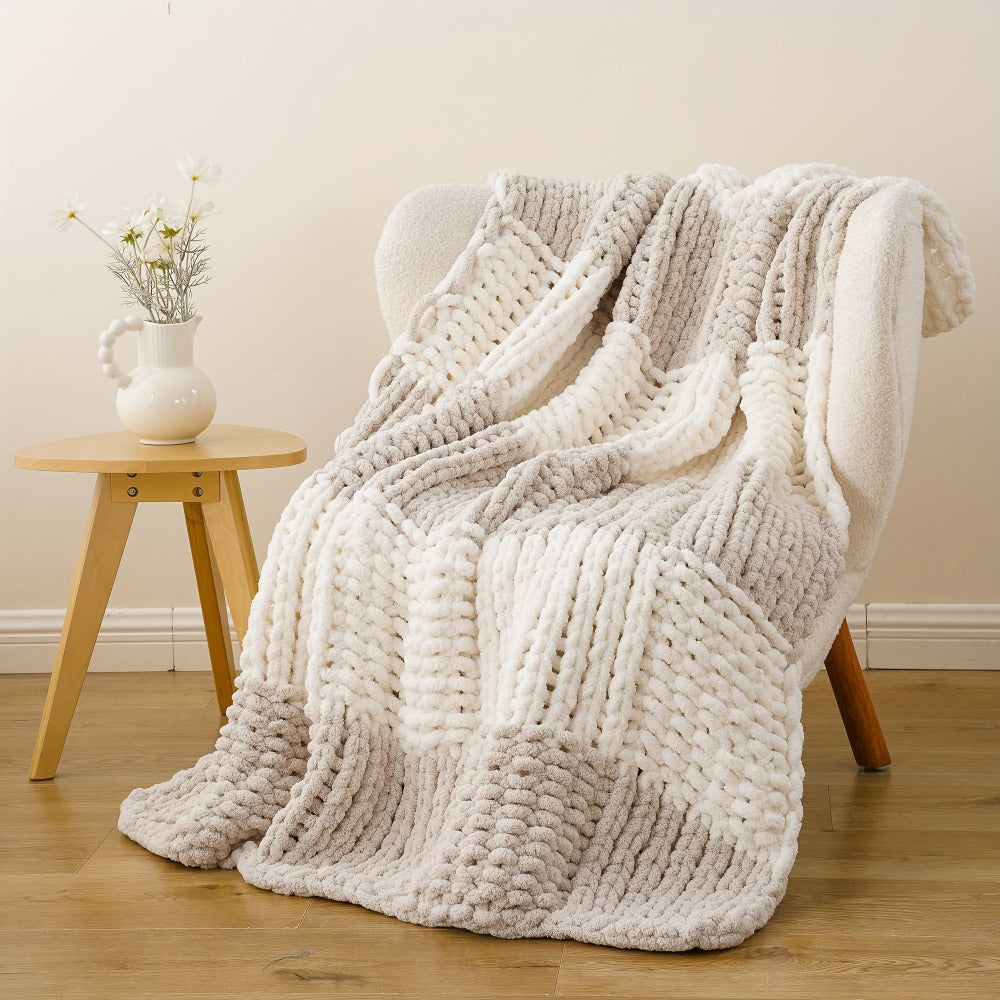 Chunky Chenille Cable Knit Throw Blanket ¨C 350-400gsm Soft Warm Crochet Throw for Sofa, Bed & Couch, Vintage Patchwork, 14 Colors