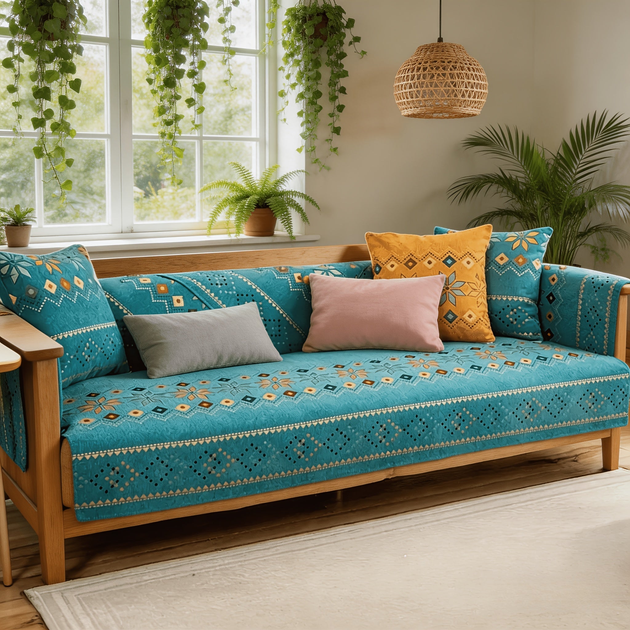 Chenille Sofa Cover Bohemian Style 1pc - Ethnic Pattern Anti-Slip Cat Scratch Resistant Skin-Friendly Couch Slipcover | 2 3 4 Seat Sizes White Green | Living Room Bedroom Office Sofa Cushion Cover Home Decor