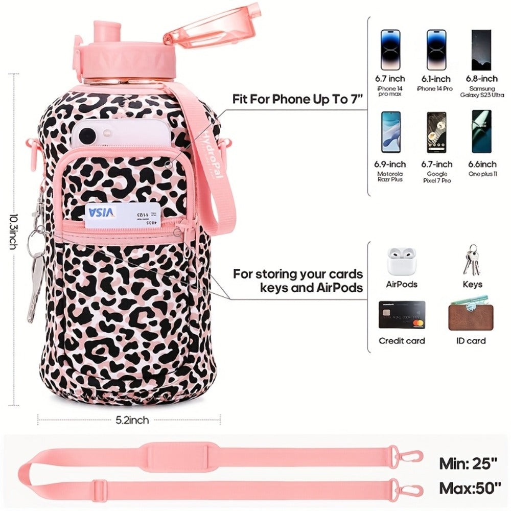 Half Gallon Water Bottle 74oz with Storage Sleeve & 2 Lids - Large Sports Water Jug for Gym, BPA-Free, Straw & Chug Lid, Time Marker, Shoulder Strap & Handle, Motivational Hydration Bottle