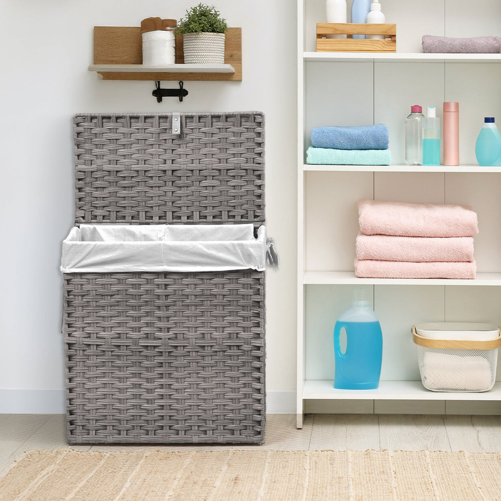 Laundry Hamper with Lid Large Capacity Woven Rattan Storage Basket, Collapsible Clothes Hamper with Handles & Removable Liner, Foldable Breathable Wicker Basket for Bedroom Home Dorm, 2 Sizes