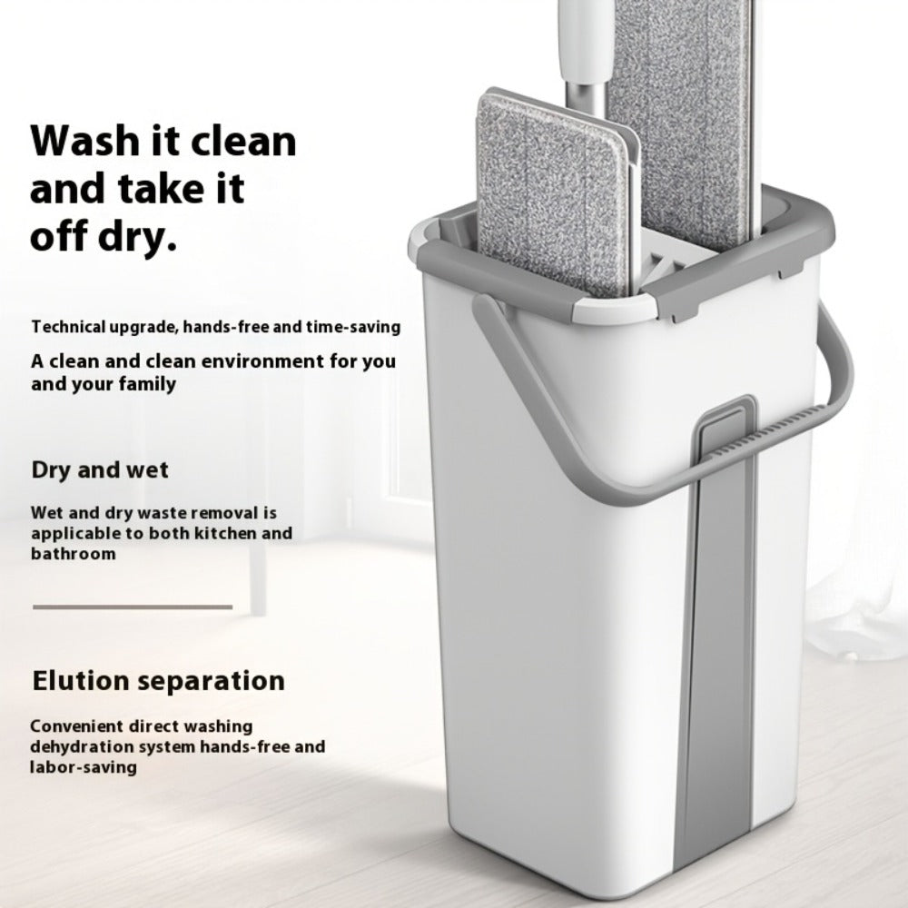 Flat Mop and Bucket Set with Wringer Metal Handle 2 Reusable Microfiber Pads Floor Mopping System for Bedroom Bathroom Kitchen Living Room Wall Floor Cleaning