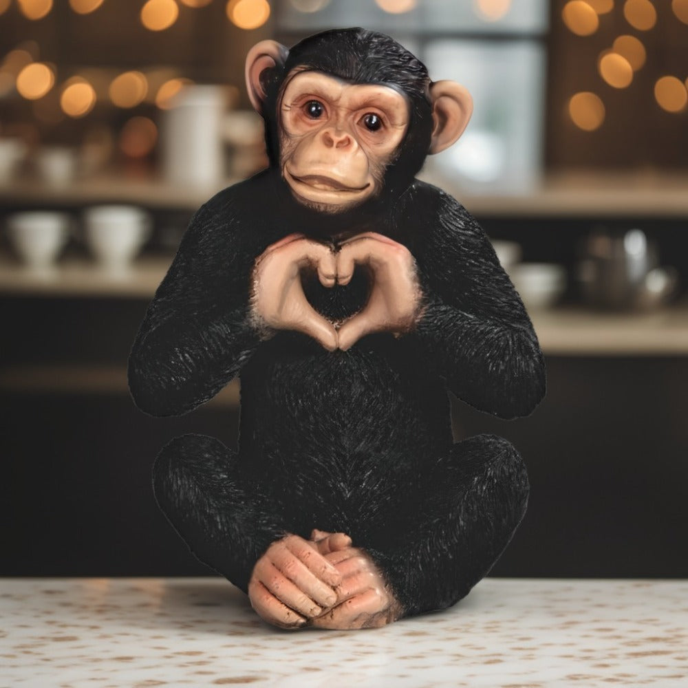 Chimpanzee Figurine with Heart Hand Sign ¨C 5 Inch Polyresin Monkey Statue for Home Decor, Office, Collectible Gift for Birthday, Christmas & Housewarming
