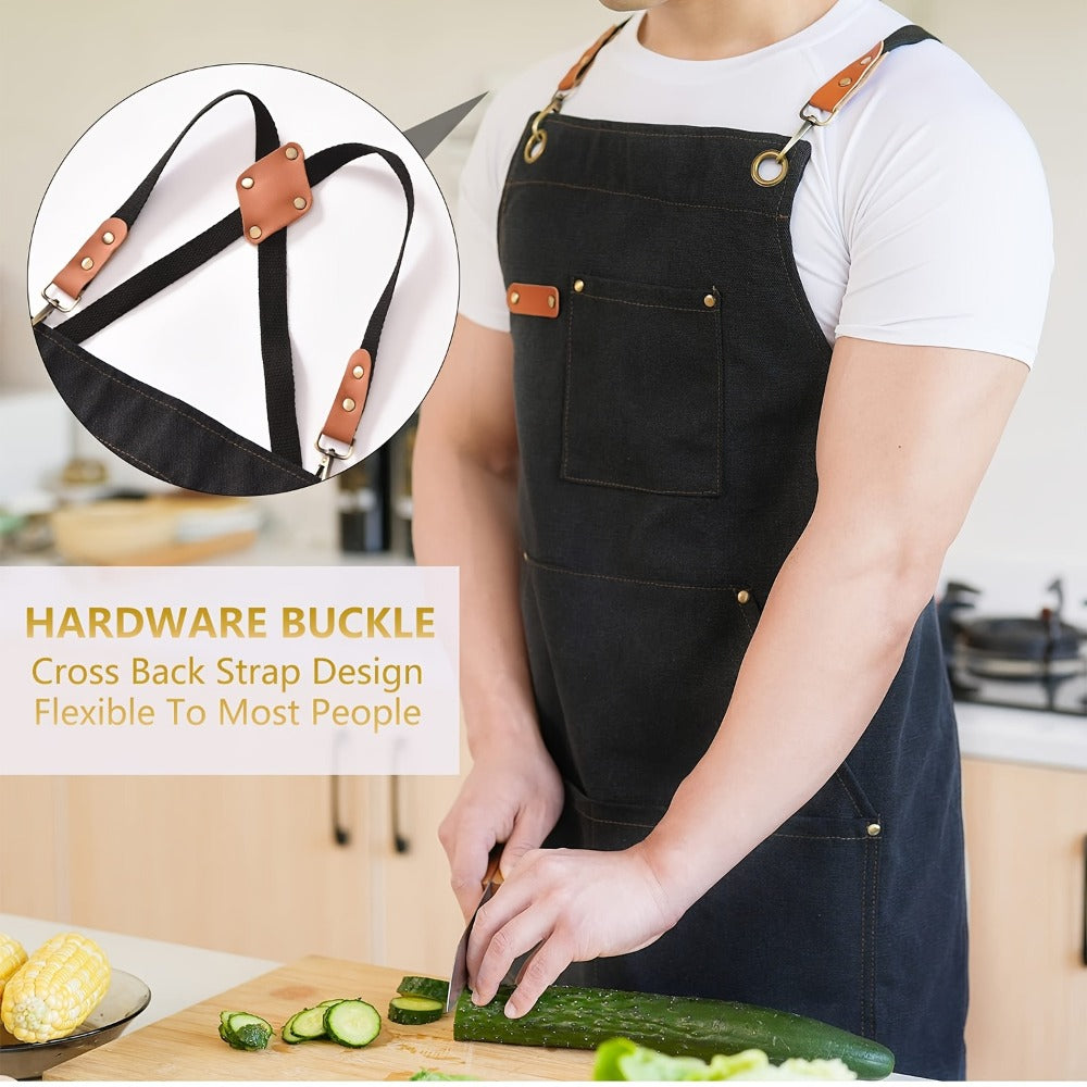 Chef Apron Crossback Canvas Work Apron with Extra Large Pockets for Men Women - Professional Kitchen Cooking BBQ Gardening Workshop Bib Apron Heavy Duty