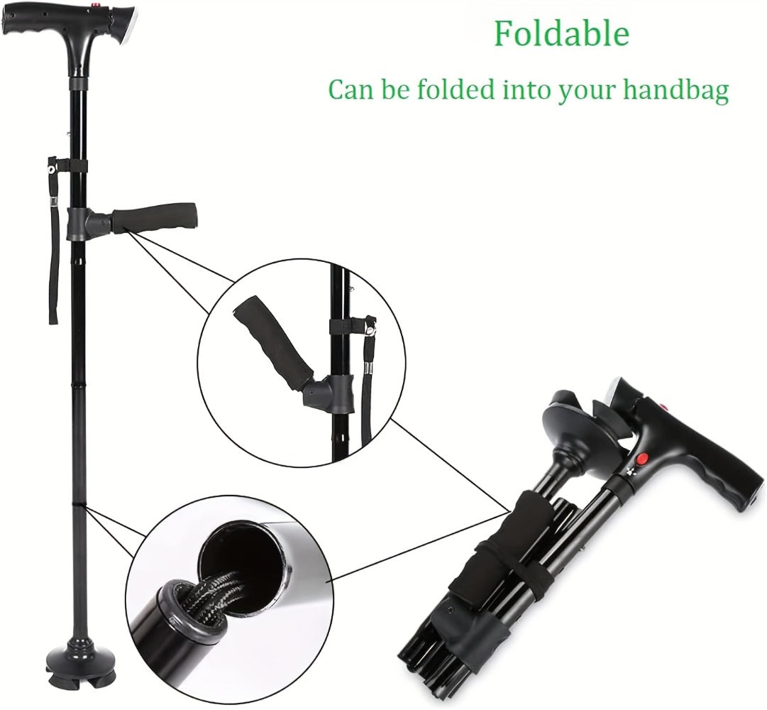 Foldable Walking Cane for Seniors Adjustable Height Folding Stick with Wrist Strap T-Handle Printed Design Portable Lightweight Mobility Aid Gift for Parents