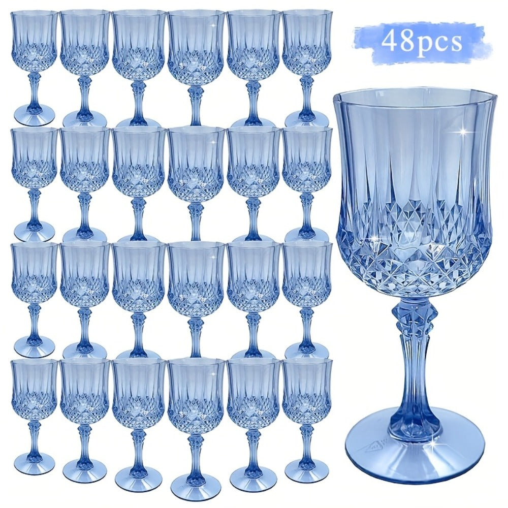 Plastic Champagne Glasses 48 Pack ¨C 7oz Stemmed Crystal Clear Reusable Cups for Wedding, Party, Bridal Shower, Christmas, Halloween, Stackable Shockproof Vintage Stem Glasses, Transparent Green Blue