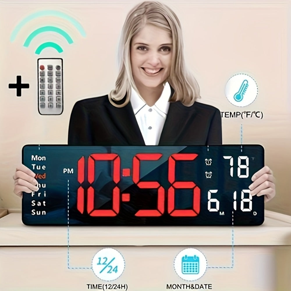 Large Digital Wall Clock 16 Inch LED Color Display, Smart Auto-Dimming 10-Level Brightness, Time Temperature Humidity Monitor, Dual Alarm with Snooze, USB Powered with Remote Control for Living Room Office Bedroom