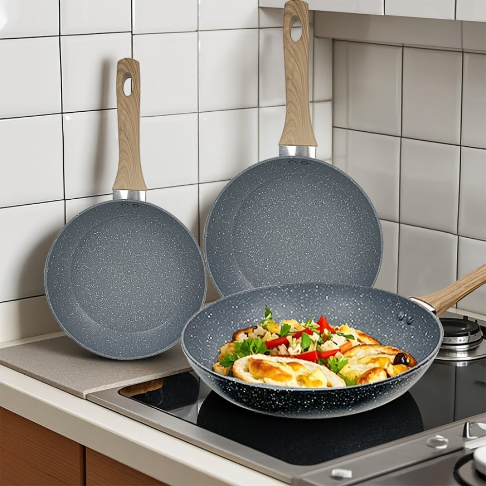 Non-Stick Frying Pan Set 3-Piece 7 9.5 11 Inch ¨C Dishwasher Safe Skillet Set with Insulated Handle | Induction Compatible Home Kitchen Pans in Beige Grey & Black | Durable Even-Heating Cookware