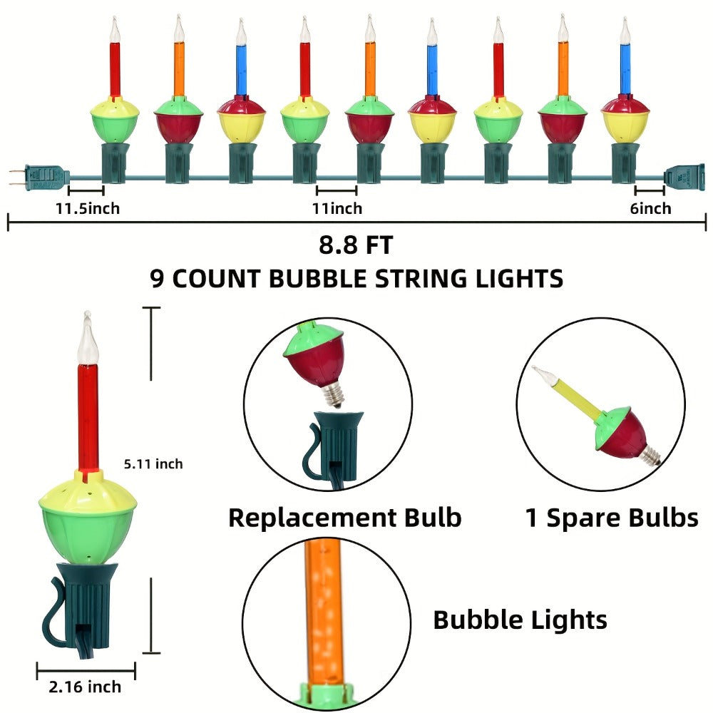 Christmas Bubble Lights 9 Pack Retro Multi Color | 8.8 Inch 5W E12 Base with 10 Bubble Bulbs 1 Spare | Vintage Holiday Christmas Tree Decoration Lights Green